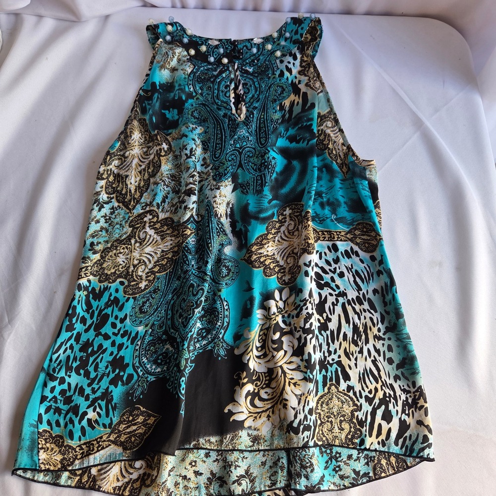 Jaipur Womens Y2K Tuscan Paisley Leopard Beaded Neck Sleeveless Blouse Blue L - Picture 5 of 8